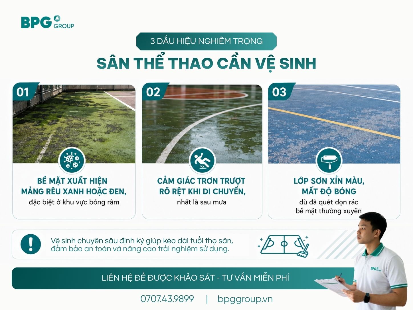 3 dấu hiệu sân tennis, sân thể thao cần vệ sinh chuyên sâu: rêu mốc, trơn trượt, sơn xỉn màu