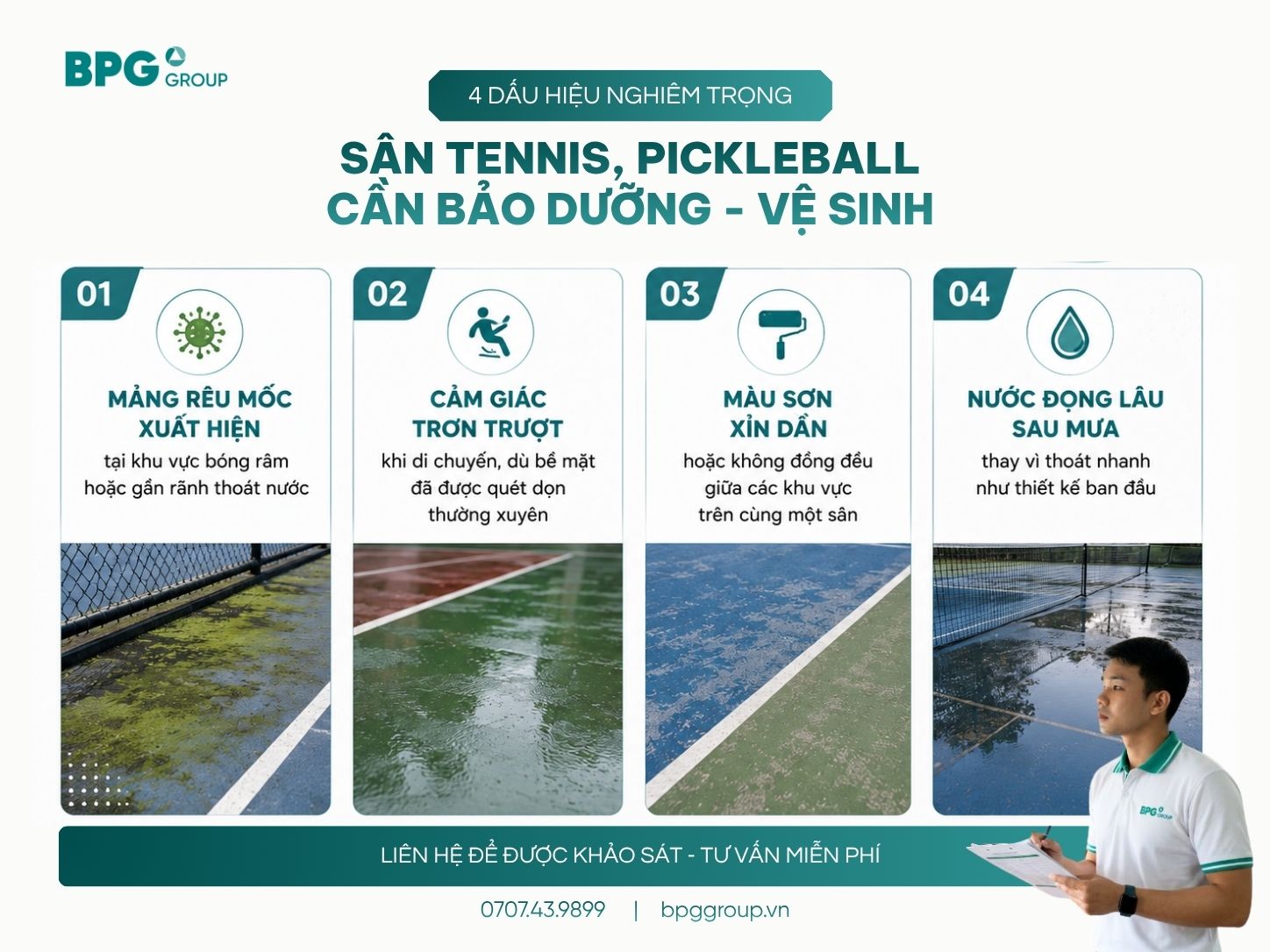 4 dấu hiệu sân tennis, pickleball cần bảo dưỡng vệ sinh: rêu mốc, trơn trượt, sơn xỉn màu, nước đọng