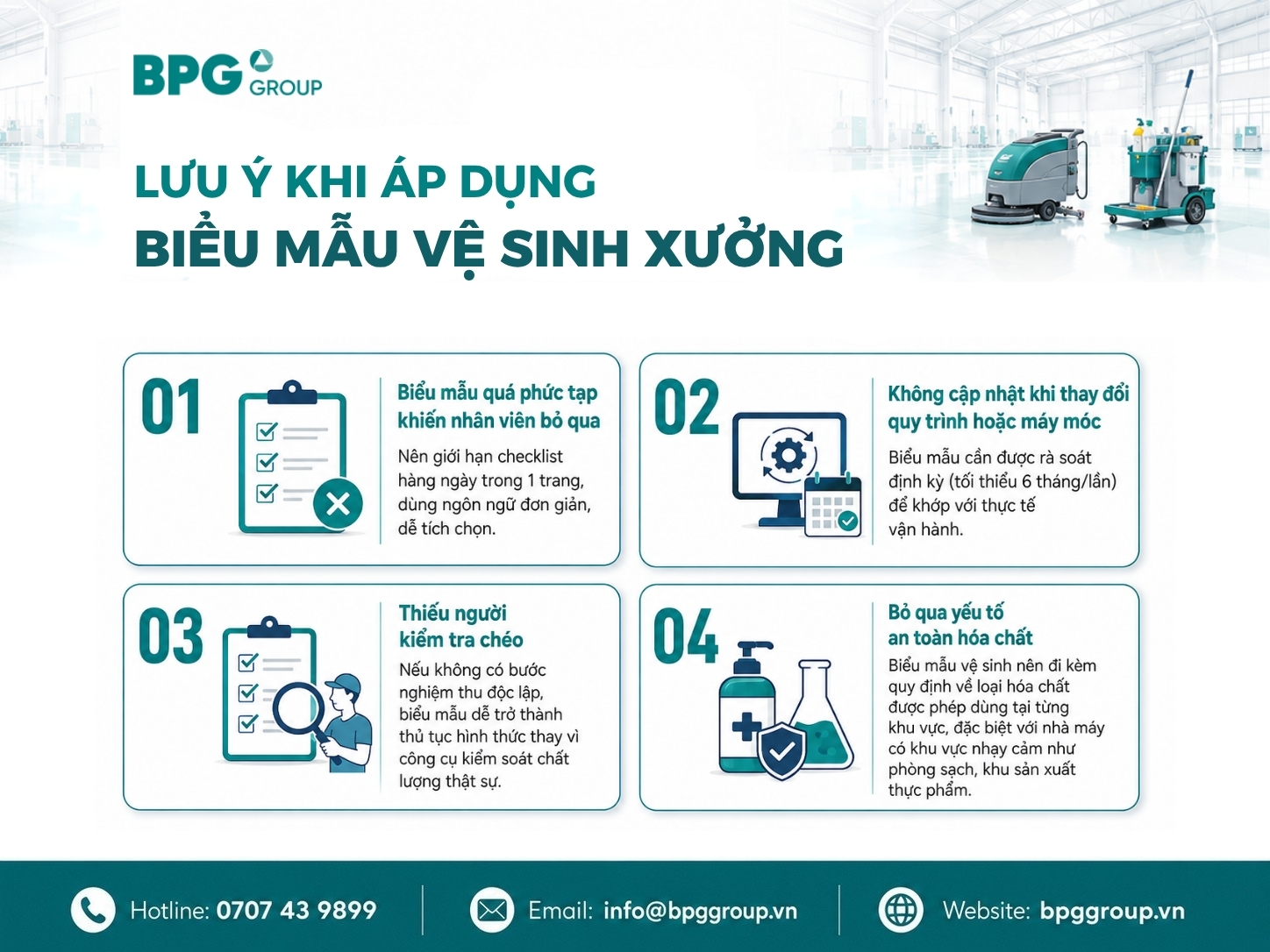 4 lưu ý khi áp dụng biểu mẫu vệ sinh nhà xưởng: đơn giản, cập nhật, kiểm tra chéo, an toàn hóa chất