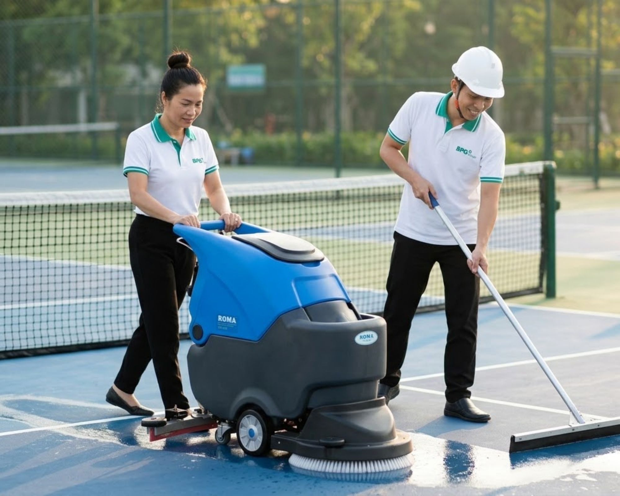 BPG staff cleaning an outdoor pickleball court with a scrubber machine and squeegee
