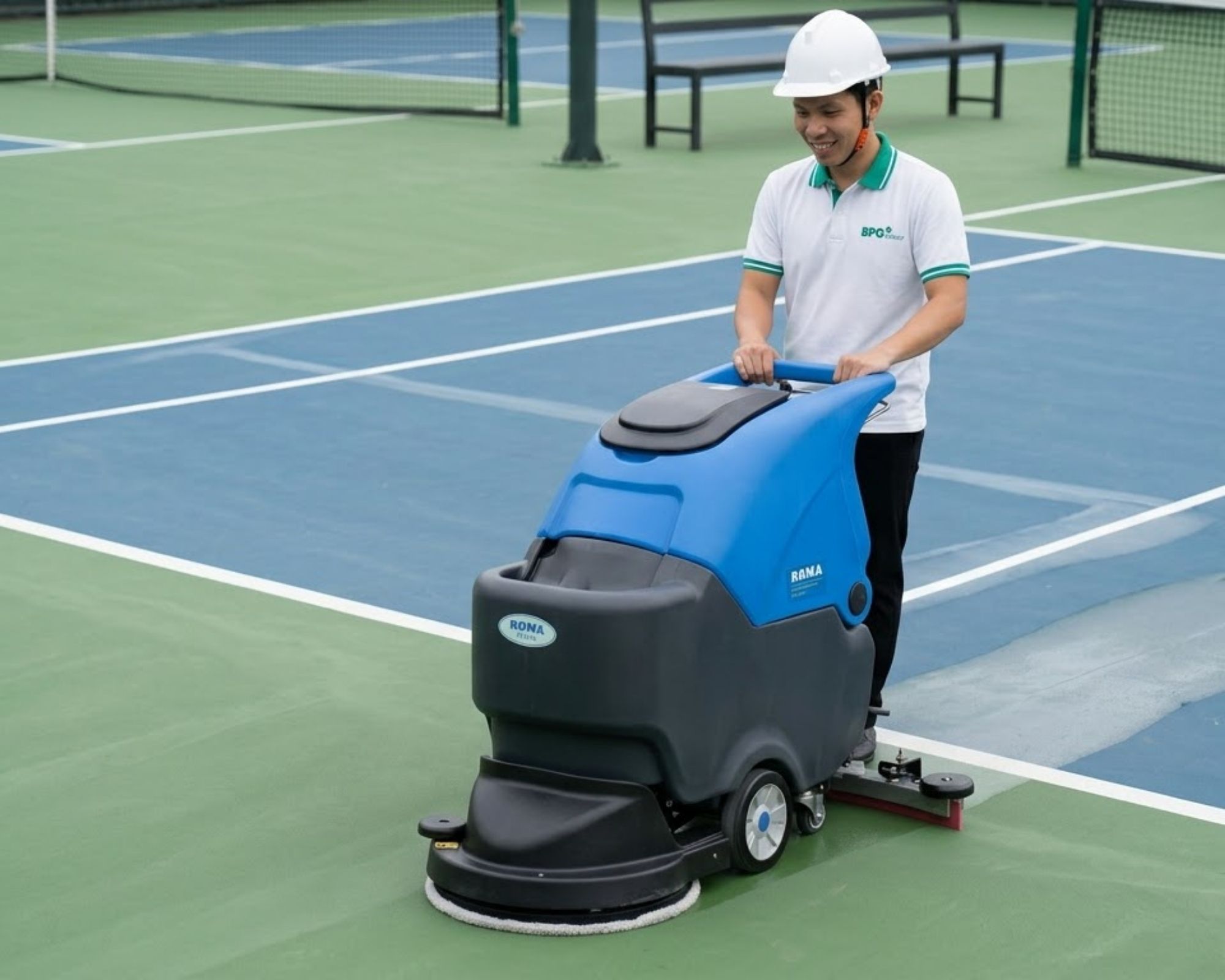 Nhân viên BPG chà sân pickleball ngoài trời bằng máy chà sàn gắn pad mềm