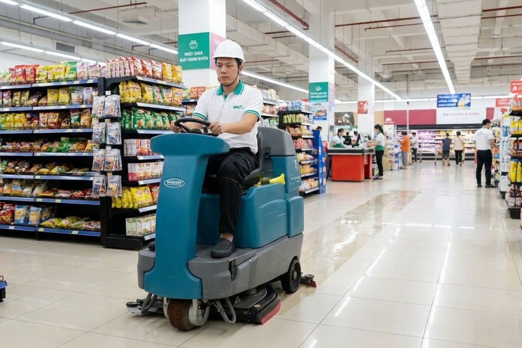 Nhân viên BPG lái máy chà sàn ngồi lái giữa lối đi siêu thị