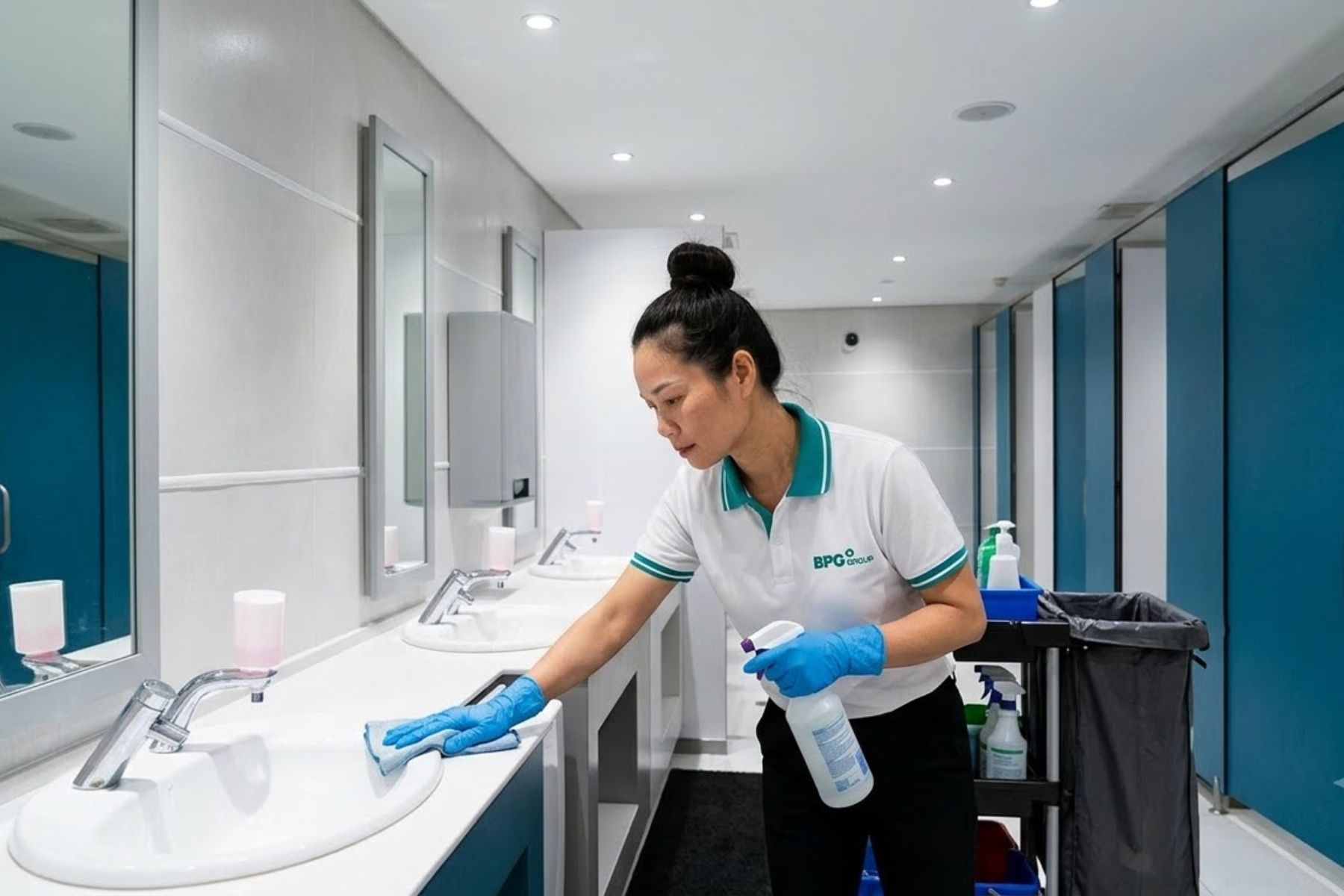 Nhân viên BPG lau bồn rửa tay khu nhà vệ sinh công cộng trung tâm thương mại