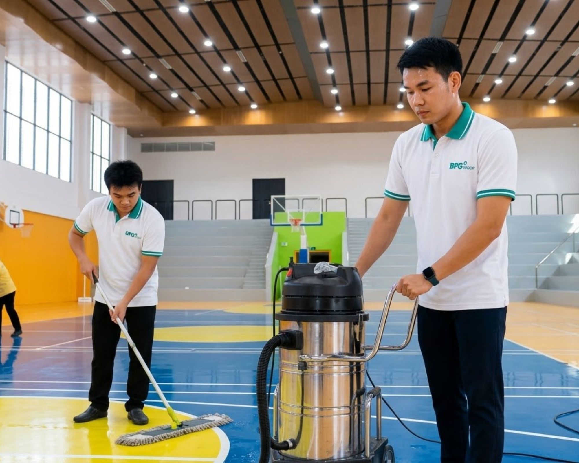 Nhân viên BPG lau sàn và hút bụi nhà thi đấu trong trường học