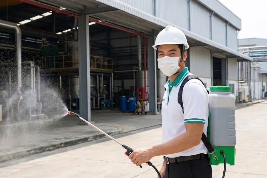 Nhân viên BPG phun khử khuẩn khu vực sân bên ngoài nhà xưởng