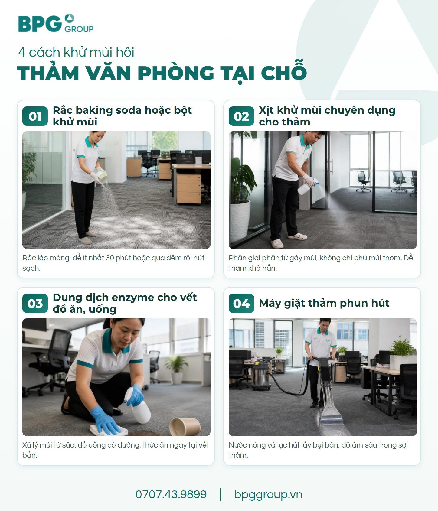 4 cách khử mùi hôi thảm văn phòng: baking soda, xịt khử mùi chuyên dụng, dung dịch enzyme, máy giặt thảm phun hút