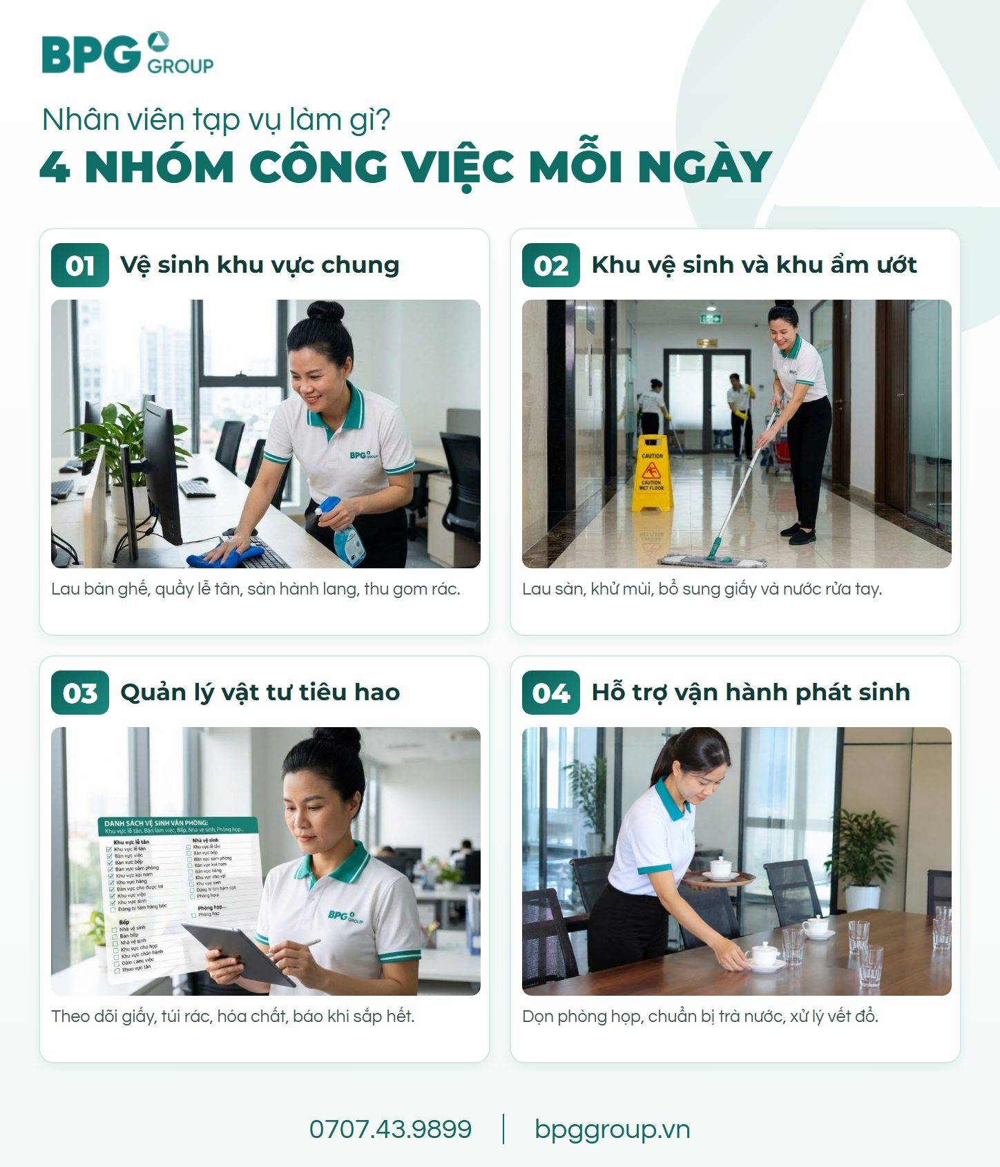 4 nhóm công việc của nhân viên tạp vụ: vệ sinh khu vực chung, khu ẩm ướt, vật tư tiêu hao, hỗ trợ vận hành