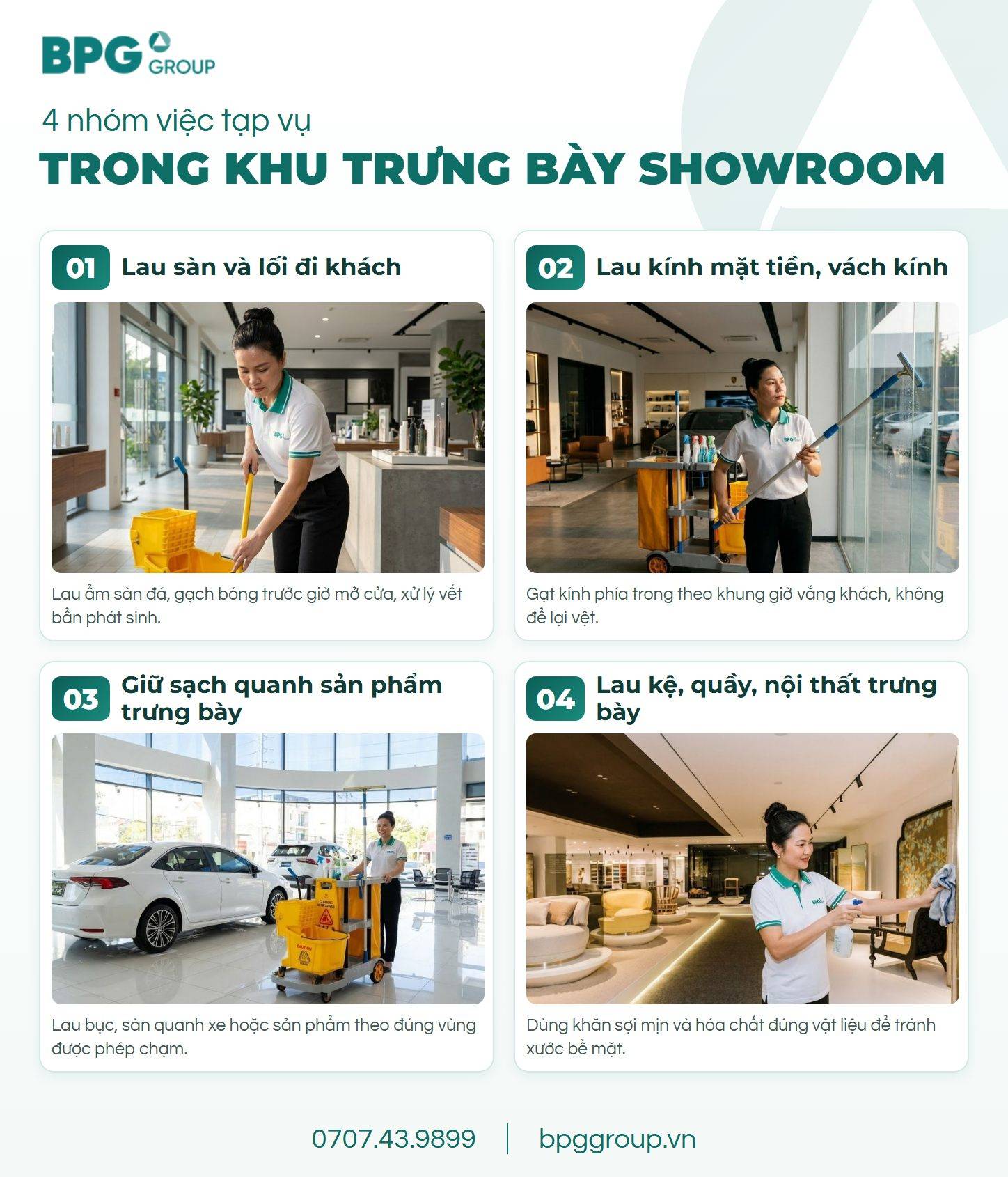 4 nhóm việc tạp vụ showroom: lau sàn, lau kính, quanh sản phẩm, kệ và nội thất