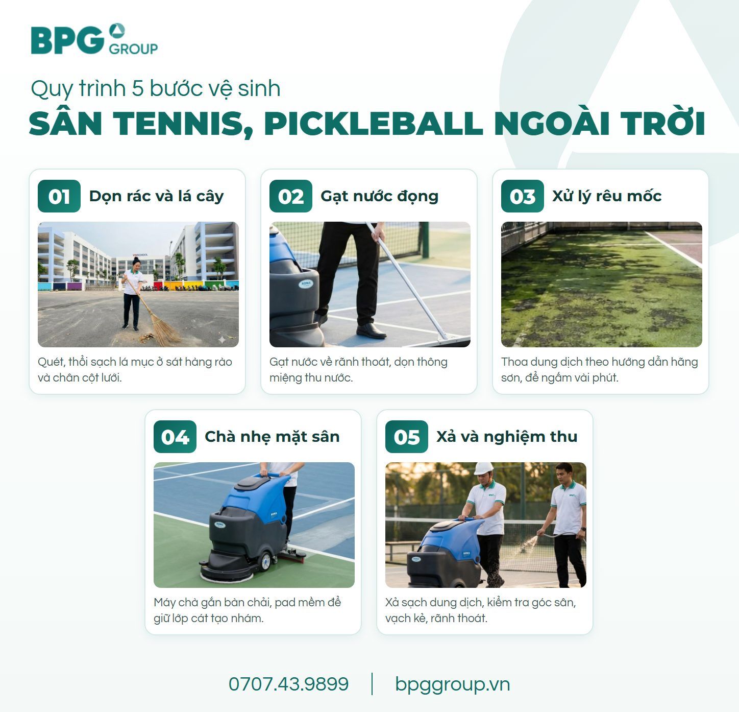 5 bước quy trình vệ sinh sân tennis, pickleball ngoài trời: dọn rác, gạt nước, xử lý rêu, chà bàn chải mềm, xả rửa nghiệm thu