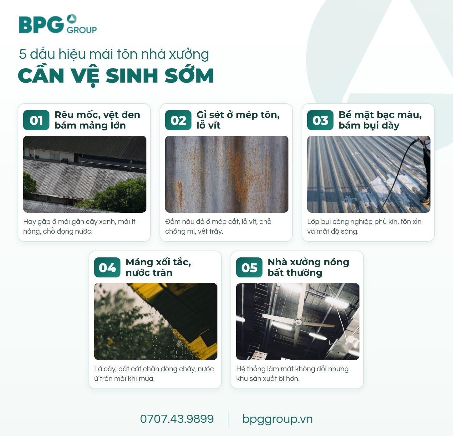 5 dấu hiệu mái tôn nhà xưởng cần vệ sinh: rêu mốc, gỉ sét, bạc màu, máng xối tắc, xưởng nóng
