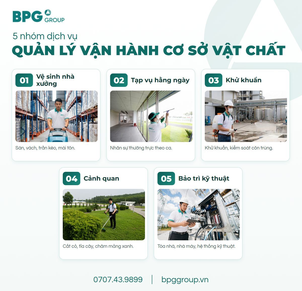5 nhóm dịch vụ quản lý vận hành cơ sở vật chất: vệ sinh, tạp vụ, khử khuẩn, cảnh quan, kỹ thuật