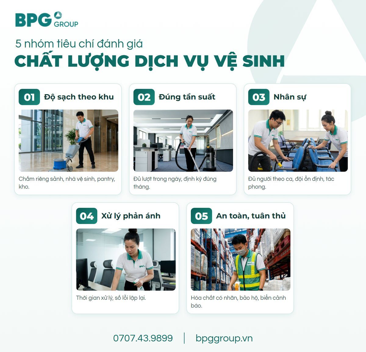 5 nhóm tiêu chí đánh giá chất lượng dịch vụ vệ sinh