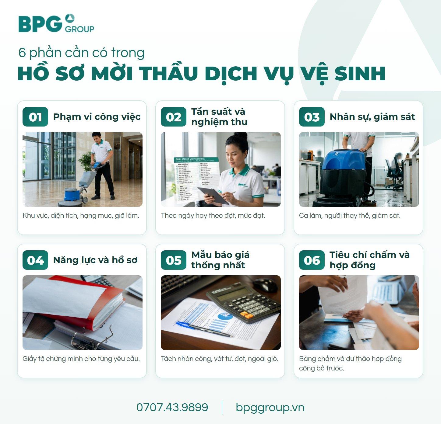 6 phần của hồ sơ mời thầu dịch vụ vệ sinh: phạm vi, tần suất, nhân sự, năng lực, báo giá, tiêu chí chấm