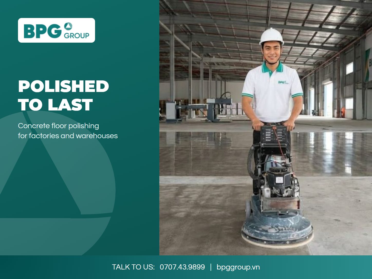 BPG technician running a concrete floor polishing machine in a warehouse in Vietnam