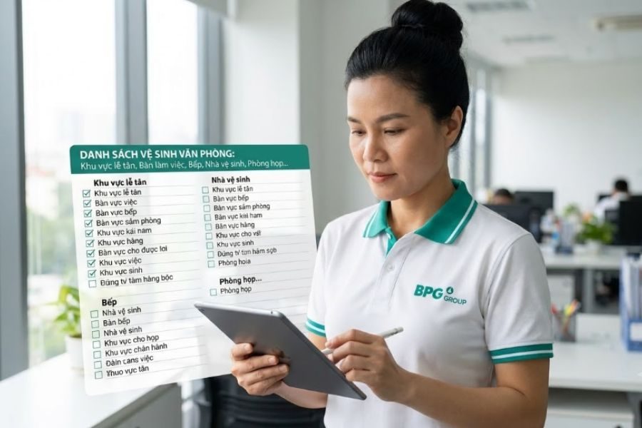 Nhân viên BPG kiểm tra danh sách vệ sinh văn phòng theo khu vực