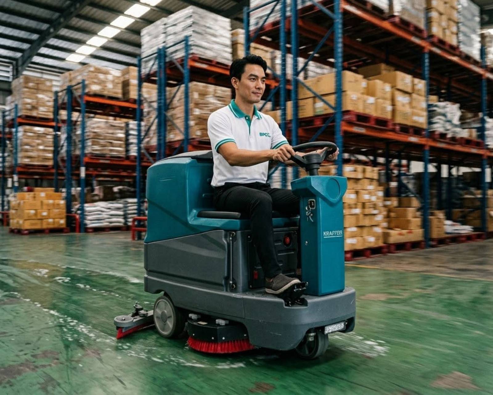 Nhân viên BPG vận hành máy chà sàn ngồi lái trong kho hàng