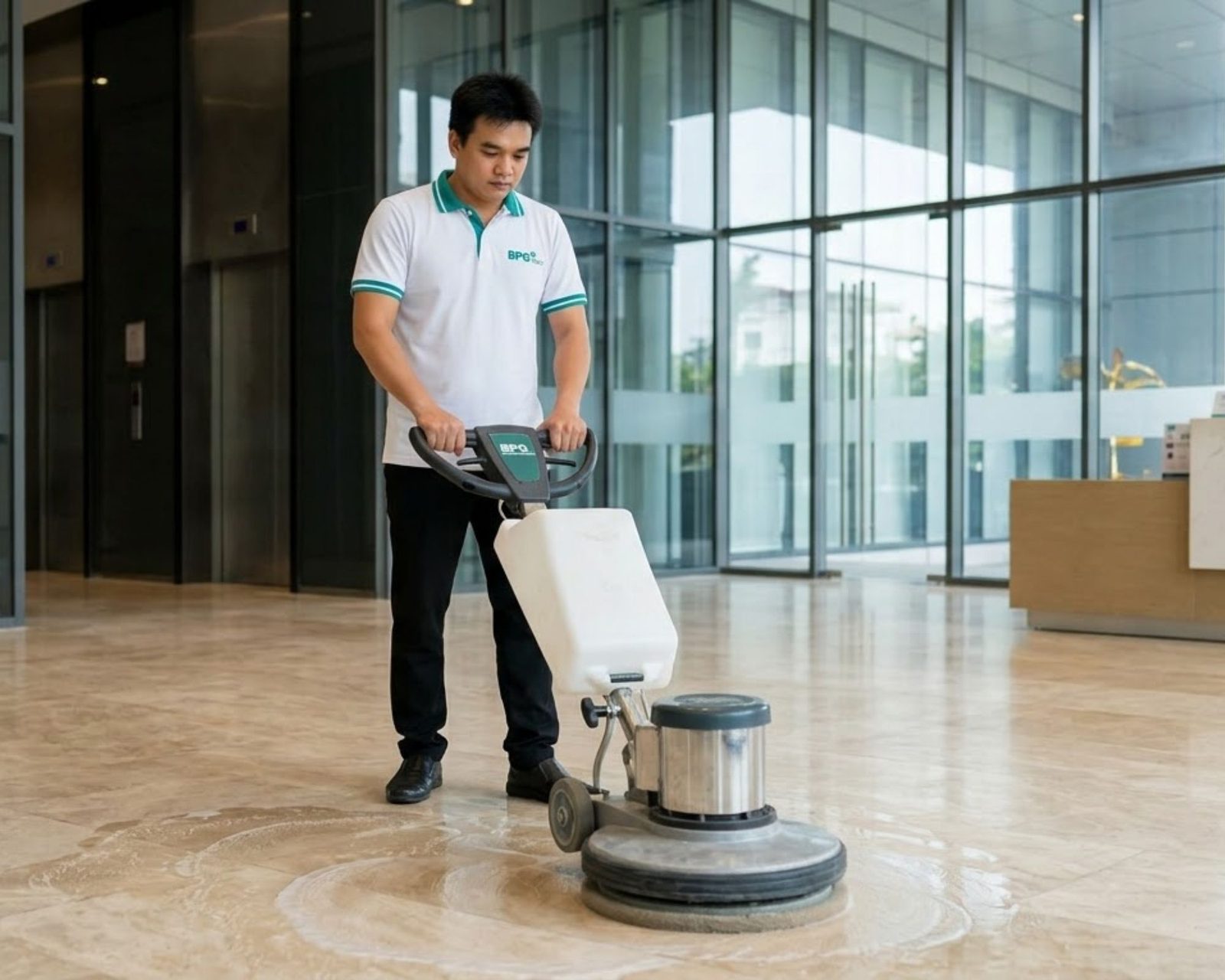 Nhân viên BPG chà sàn đá sảnh tòa nhà văn phòng