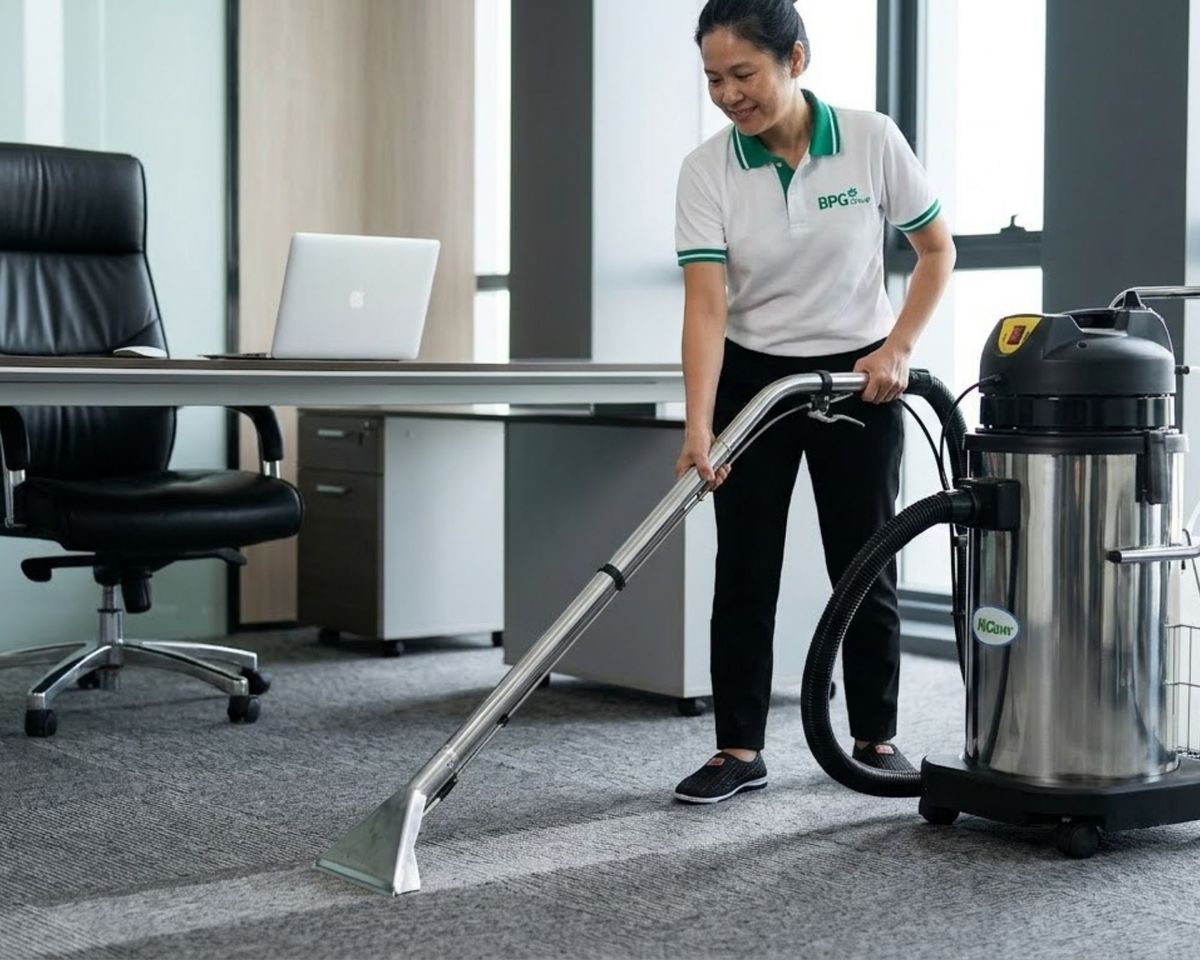 Nhân viên BPG Group giặt thảm khu làm việc văn phòng bằng máy hút giặt thảm