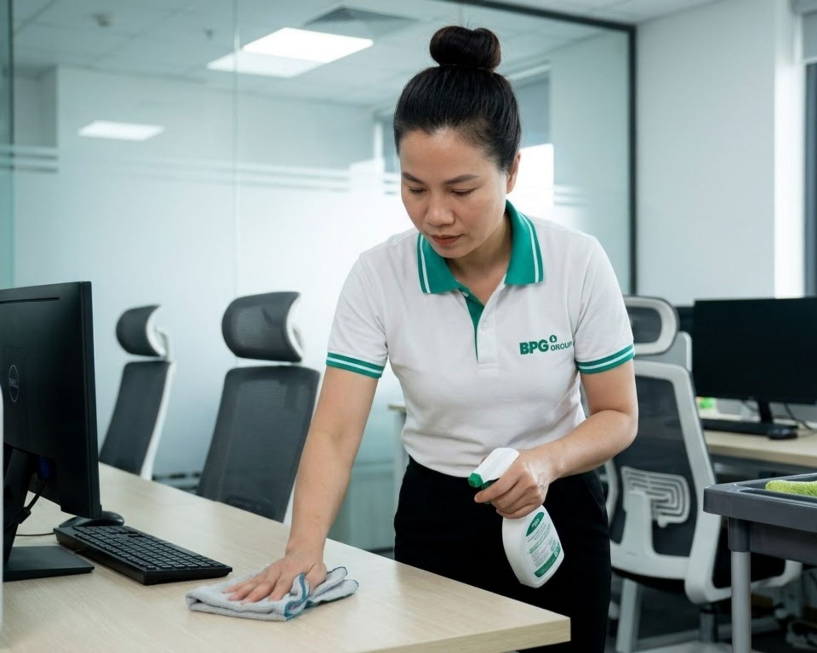 Nhân viên BPG lau khử khuẩn bàn làm việc trong văn phòng