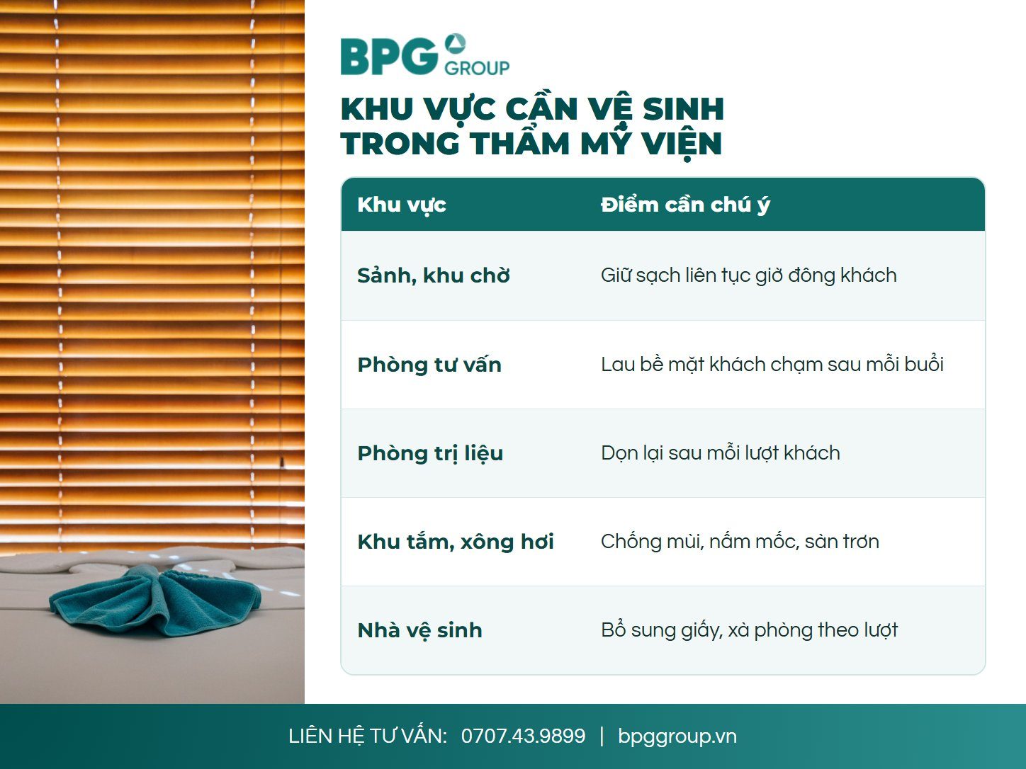 Bảng các khu vực cần vệ sinh trong thẩm mỹ viện, spa và điểm cần chú ý