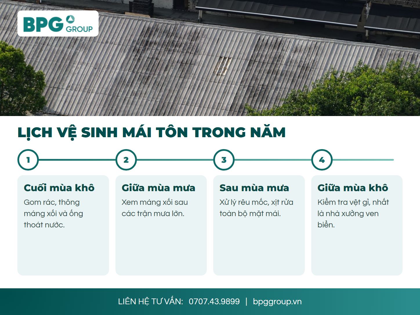 Lịch vệ sinh mái tôn nhà xưởng trong năm theo mùa khô và mùa mưa