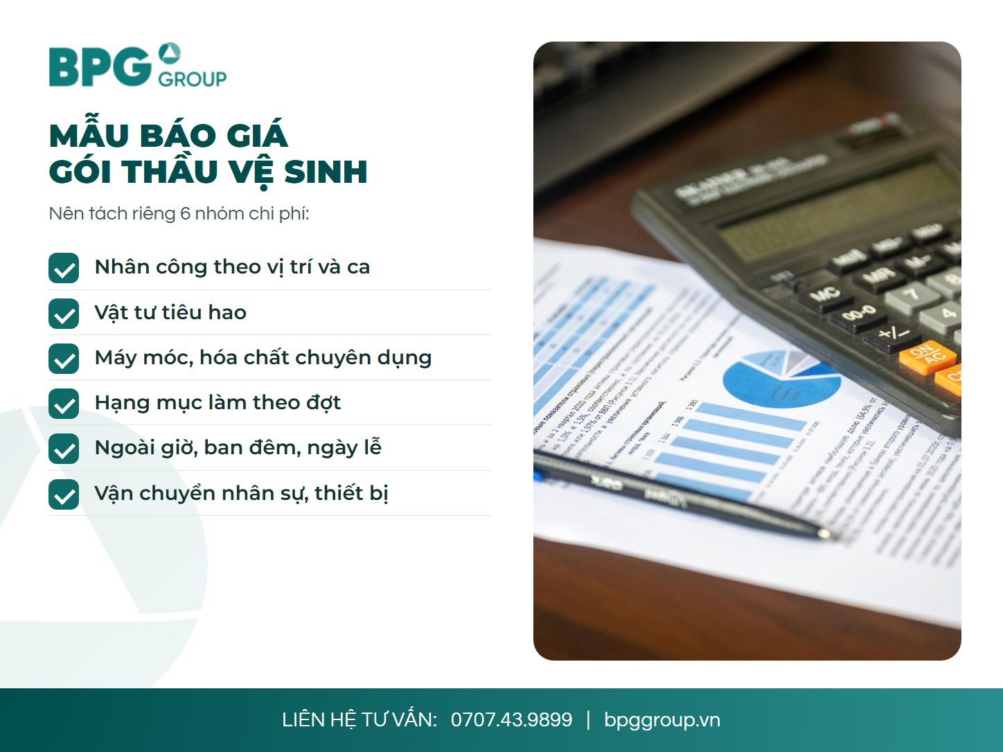Checklist các nhóm chi phí cần tách riêng trong mẫu báo giá gói thầu dịch vụ vệ sinh