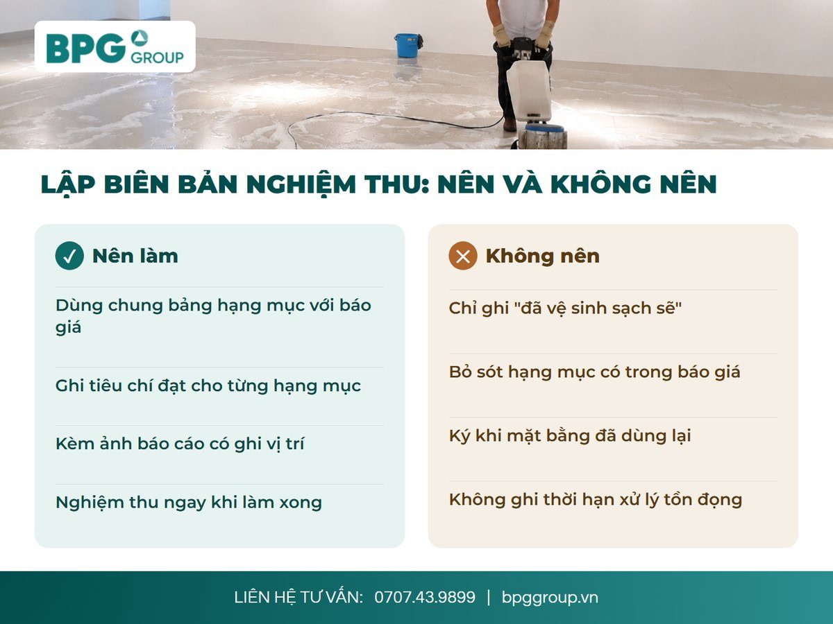 So sánh nên và không nên khi lập biên bản nghiệm thu vệ sinh công nghiệp