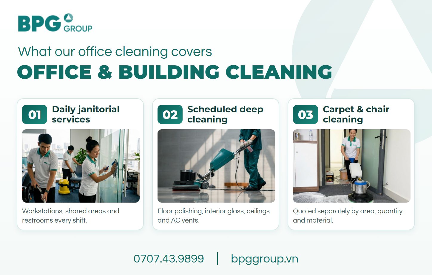 Office cleaning services in Vietnam by BPG Group: daily janitorial services, scheduled deep cleaning, carpet and chair cleaning