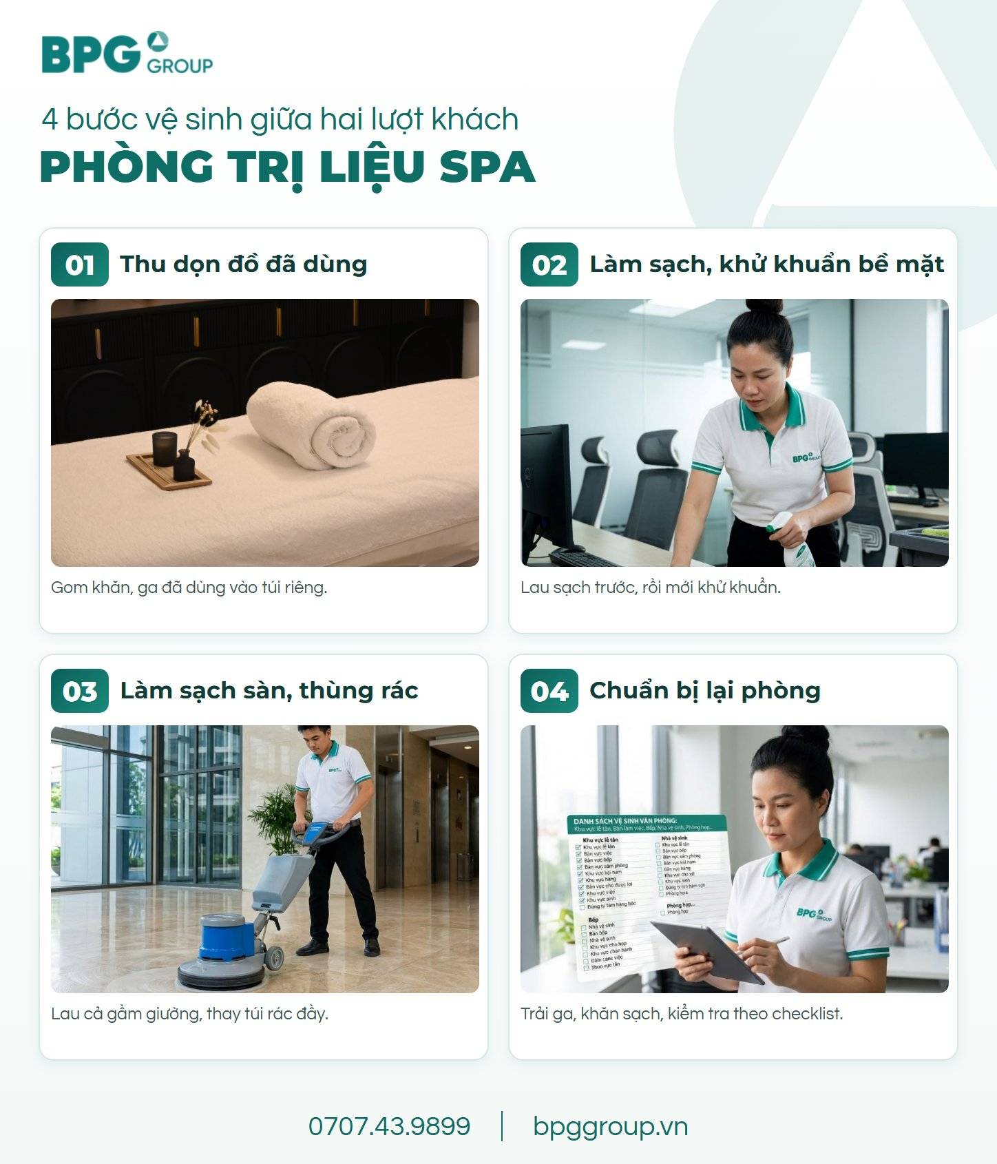 Quy trình 4 bước vệ sinh phòng trị liệu thẩm mỹ viện giữa hai lượt khách