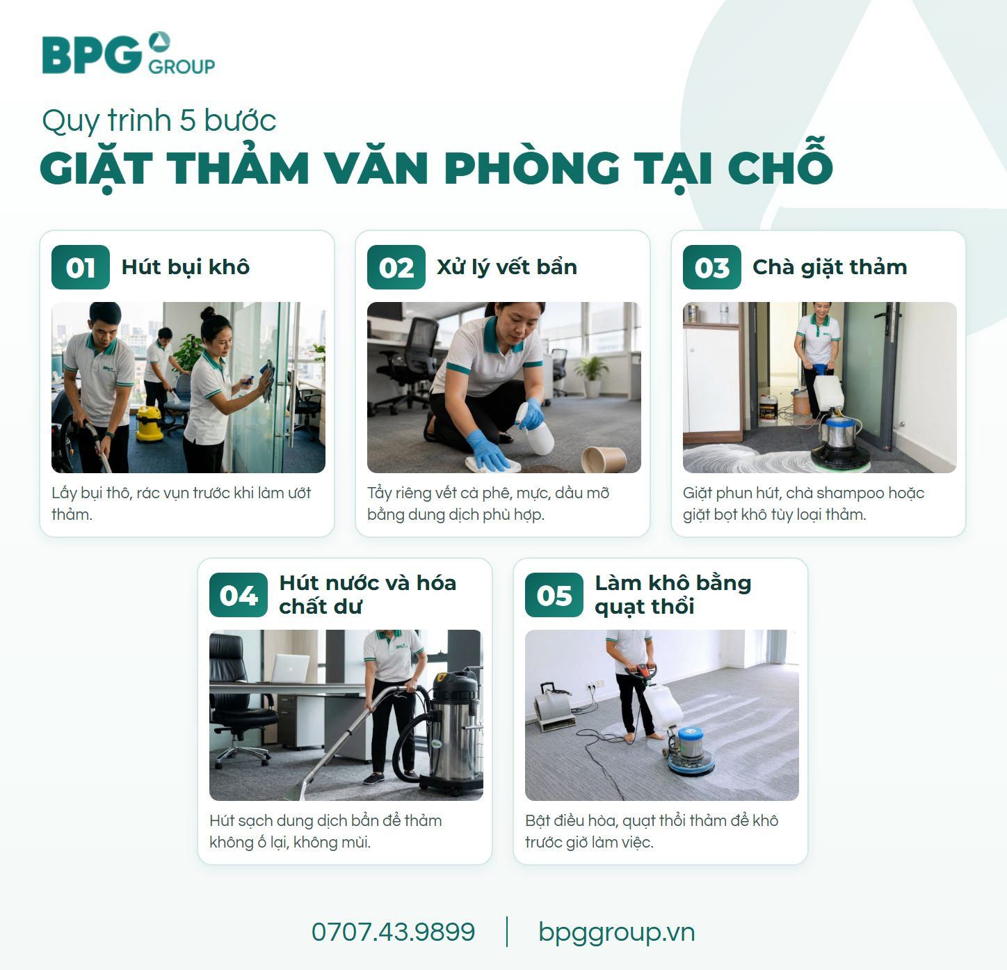 Quy trình 5 bước giặt thảm văn phòng TP.HCM từ hút bụi đến làm khô