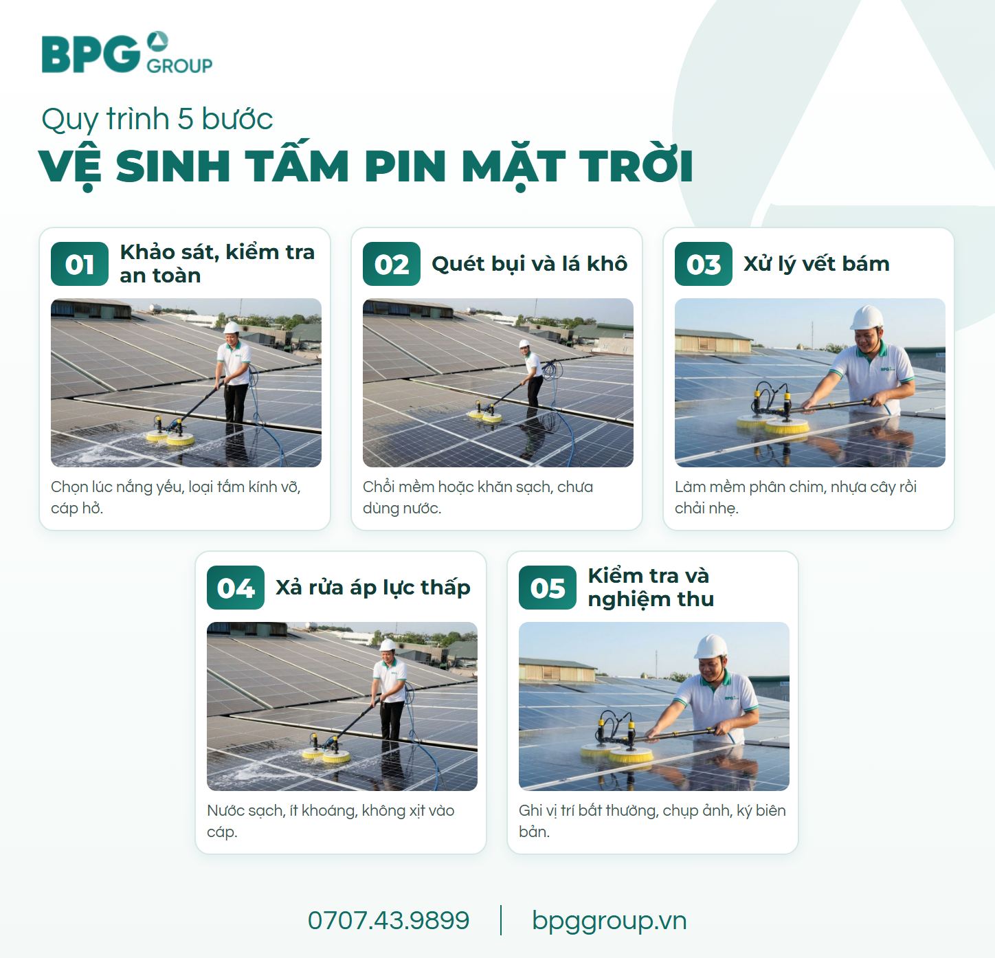 Quy trình 5 bước vệ sinh tấm pin năng lượng mặt trời từ khảo sát đến nghiệm thu
