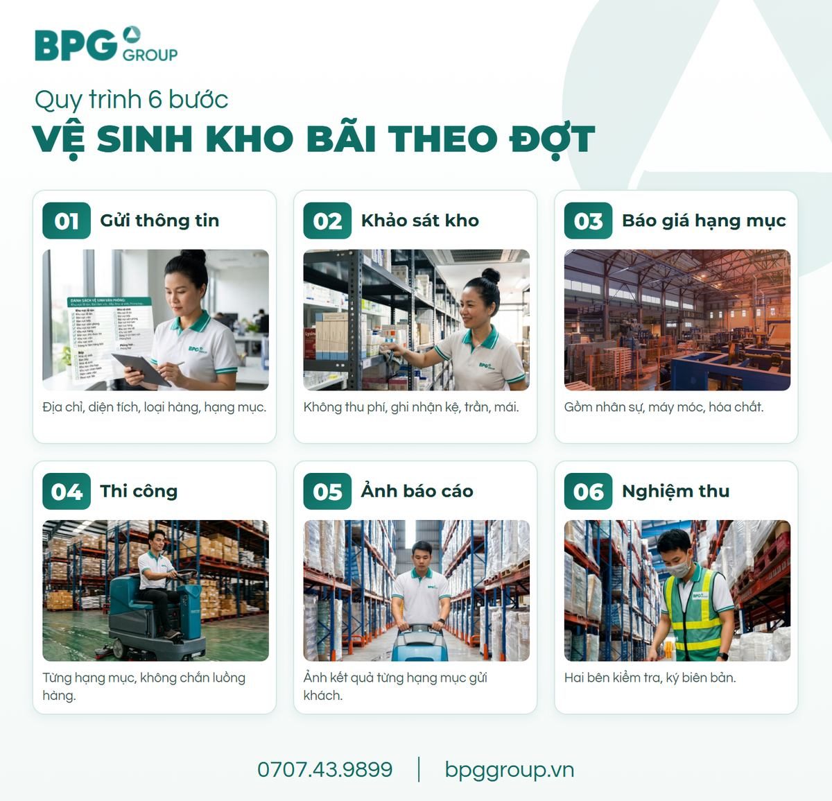 Quy trình 6 bước vệ sinh kho bãi theo đợt tại BPG Group