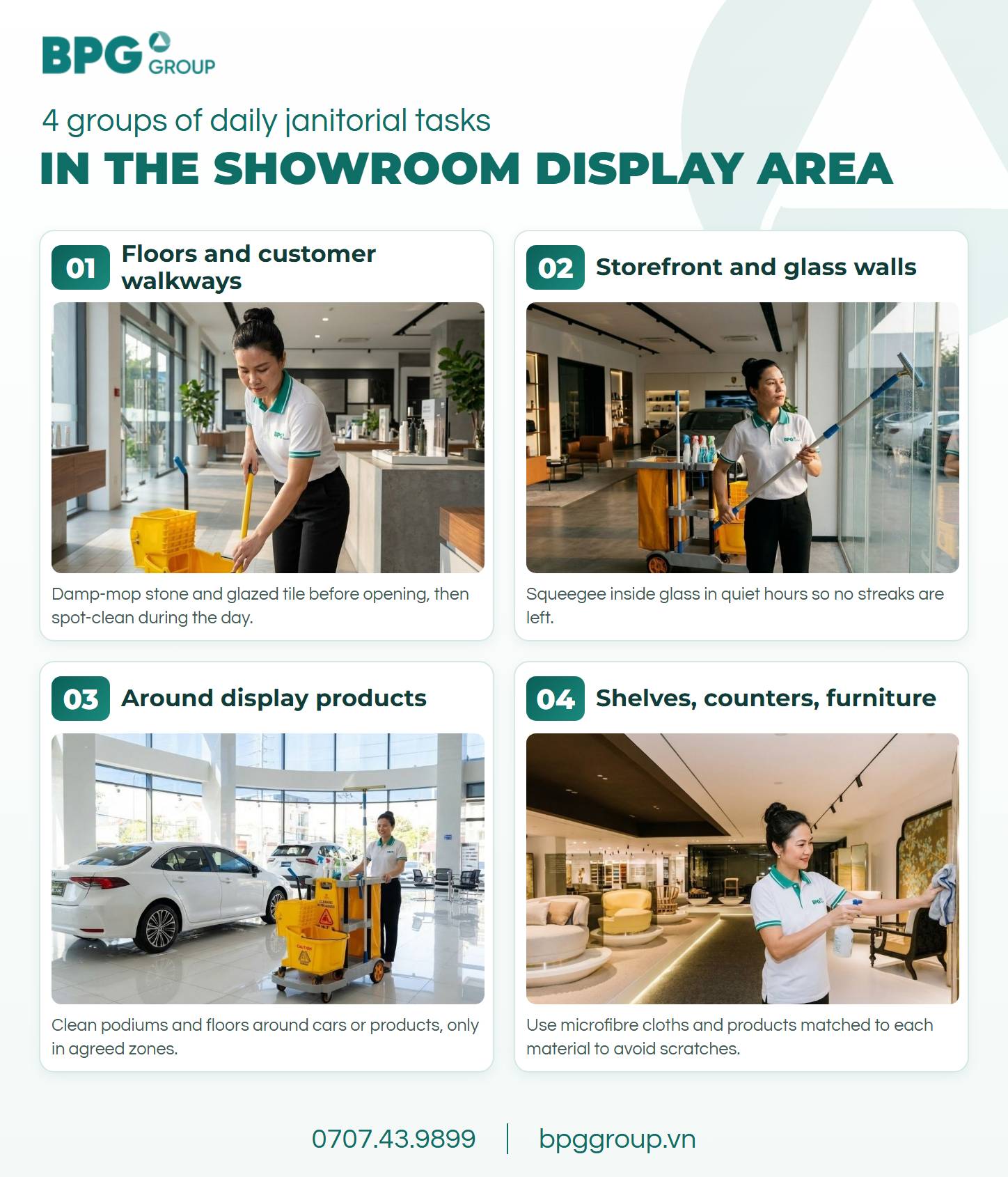 4 groups of showroom cleaning tasks in Vietnam: floors, glass, display products, furniture