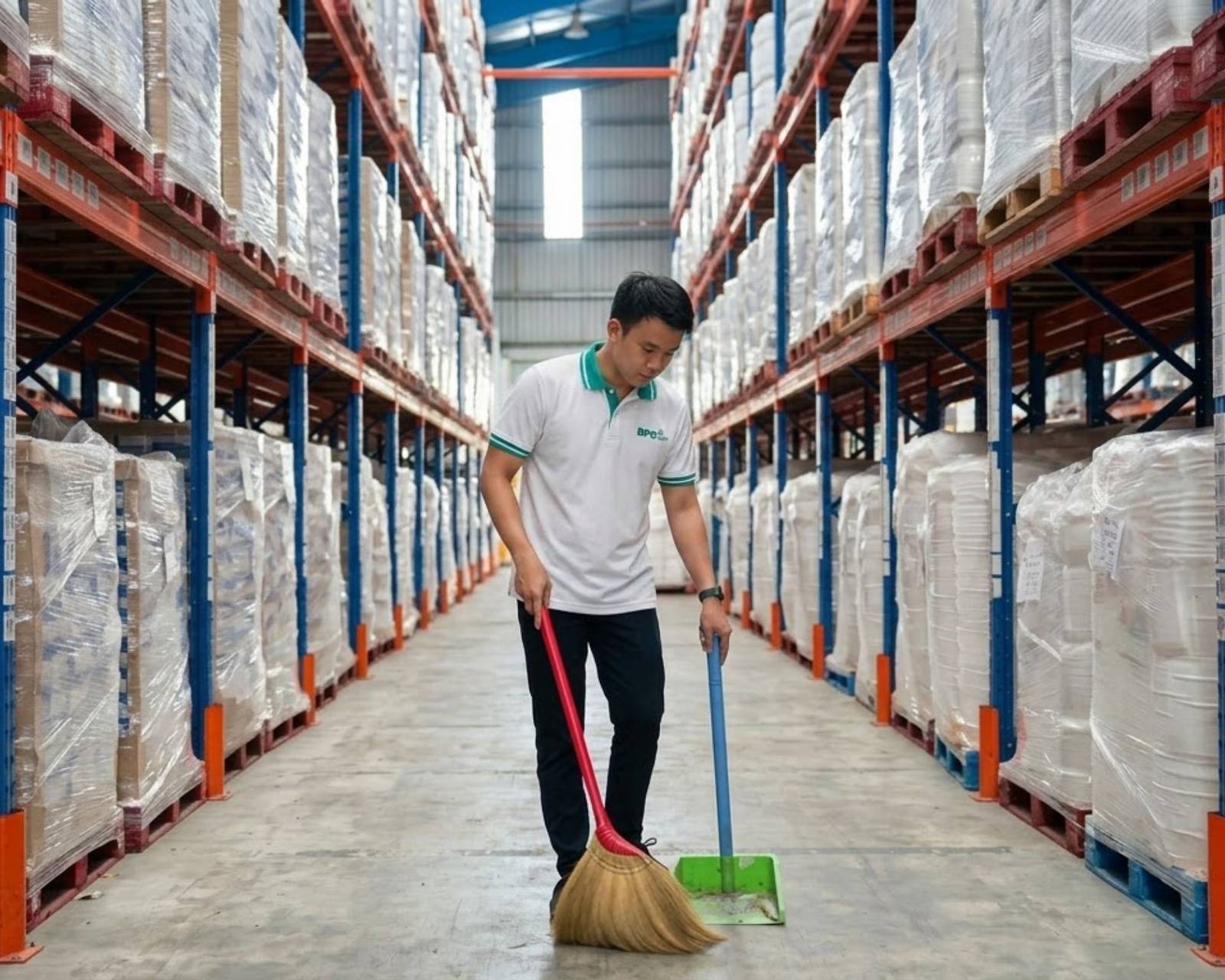 Nhân viên vệ sinh quét lối đi giữa các dãy kệ pallet trong kho nhà máy