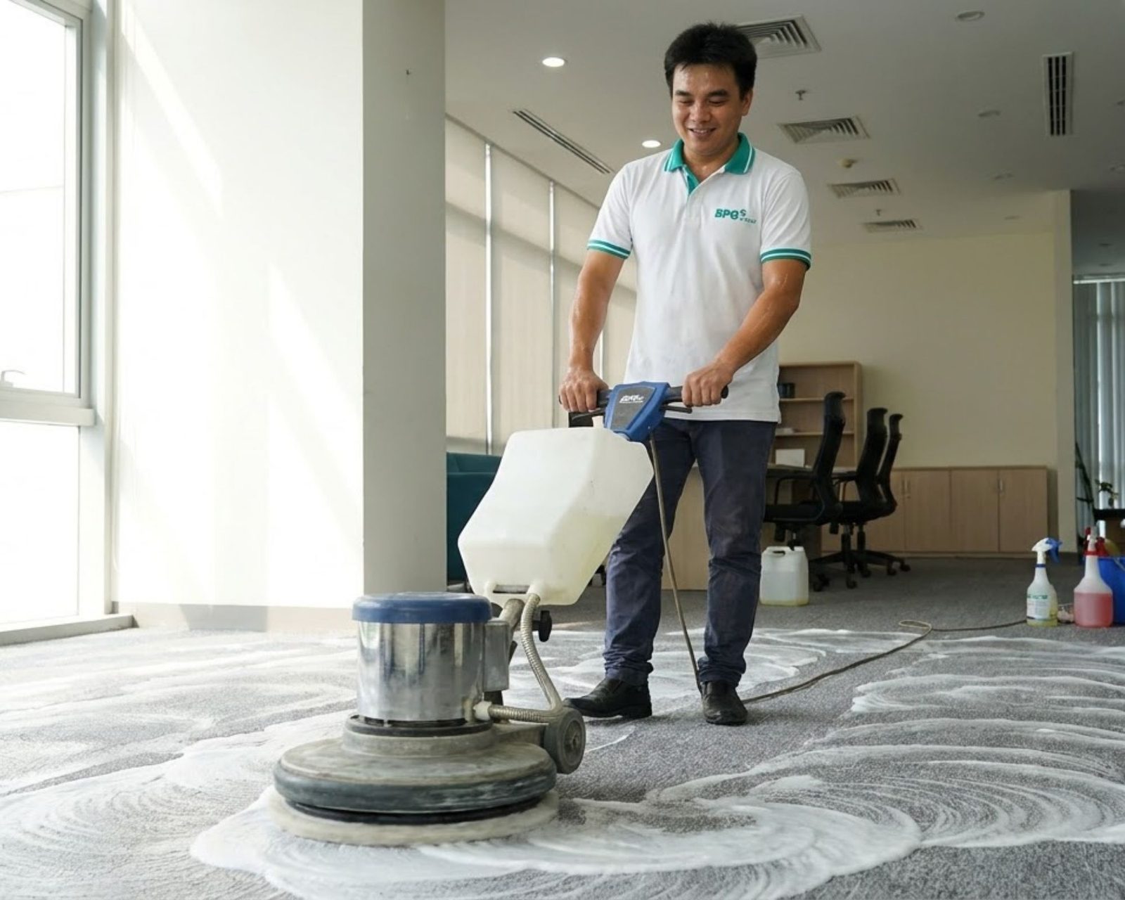 Nhân viên BPG giặt thảm văn phòng trong đợt tổng vệ sinh cuối năm